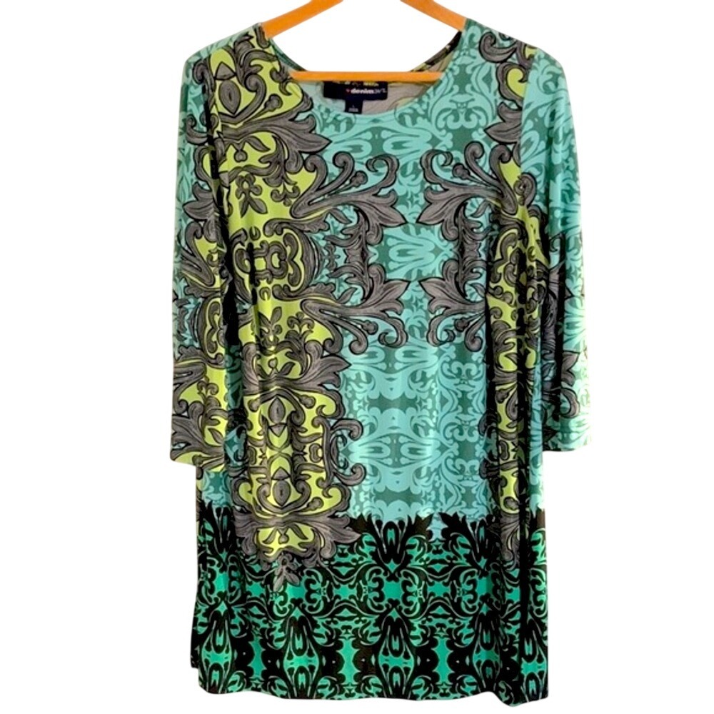 Denim 24/7 Shift Dress Womens Large Teal Green Black Damask Paisley 3/4 Sleeve